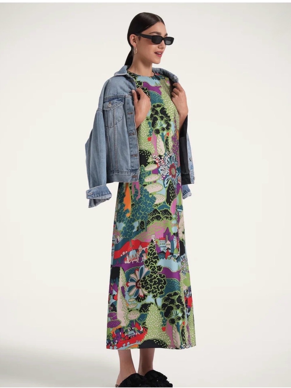 LA DoubleJ Multicolor Scenic Midi Dress in Green, Purple, Pink, Blue